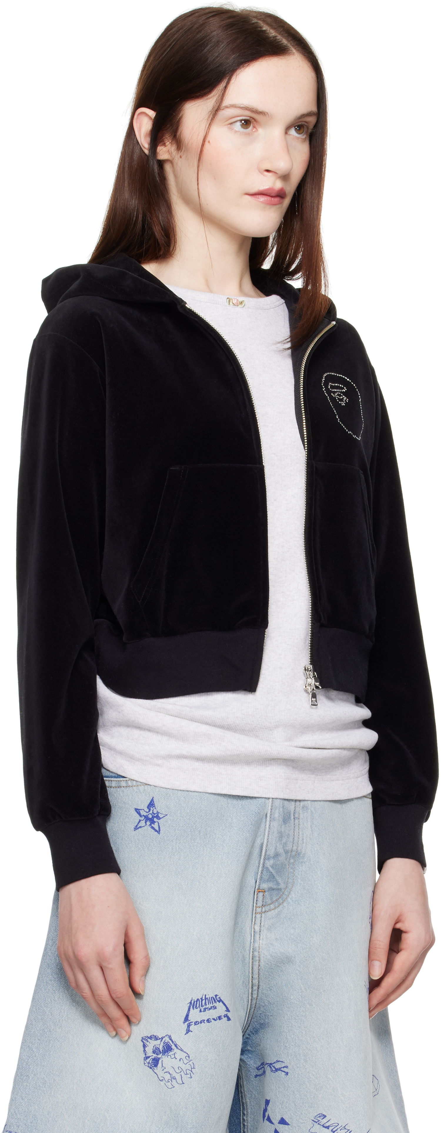 Суитчър BAPE A Bathing Ape Crystal Stone Ape Head Velour Cropped Hoodie Черно | 001ZPK802004L, 1