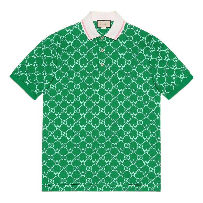 Поло тениска Gucci Stretch Cotton Polo With All-Over Logo Print Зелено | 696071-XJEE9-3129