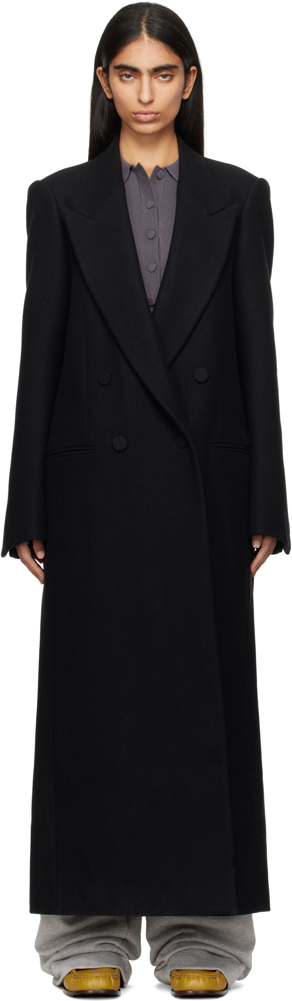 Тренчкот Dries Van Noten Dries Van Noten Wool Double-Breasted Maxi Coat Черно | 242-010216-9223, 0