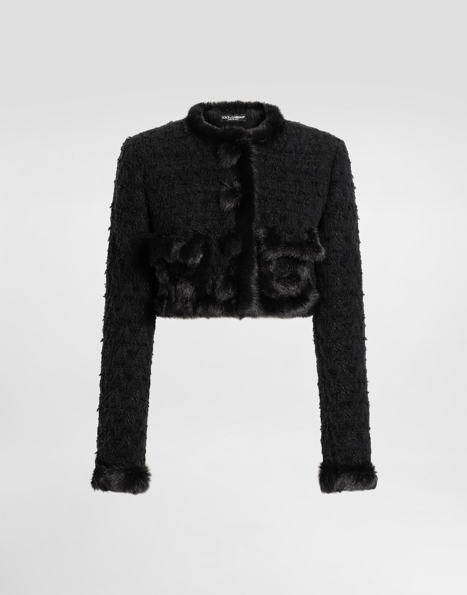 Яке Dolce & Gabbana Dolce & Gabbana Single-Breasted Cropped Bouclé Jacket with Fur Trim Черно | F27HWZFUTBIN0000, 0