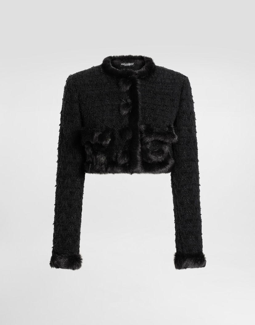 Яке Dolce & Gabbana Dolce & Gabbana Single-Breasted Cropped Bouclé Jacket with Fur Trim Черно | F27HWZFUTBIN0000