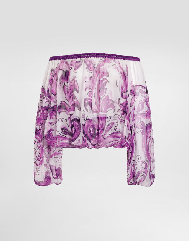 Dolce & Gabbana Majolica-Print Silk Chiffon Off-The-Shoulder Top