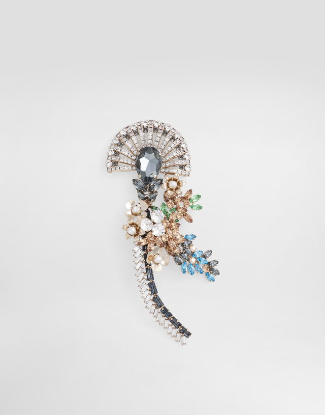 Maxi Floral Fan Brooch with Cascading Rhinestones and Metal Details