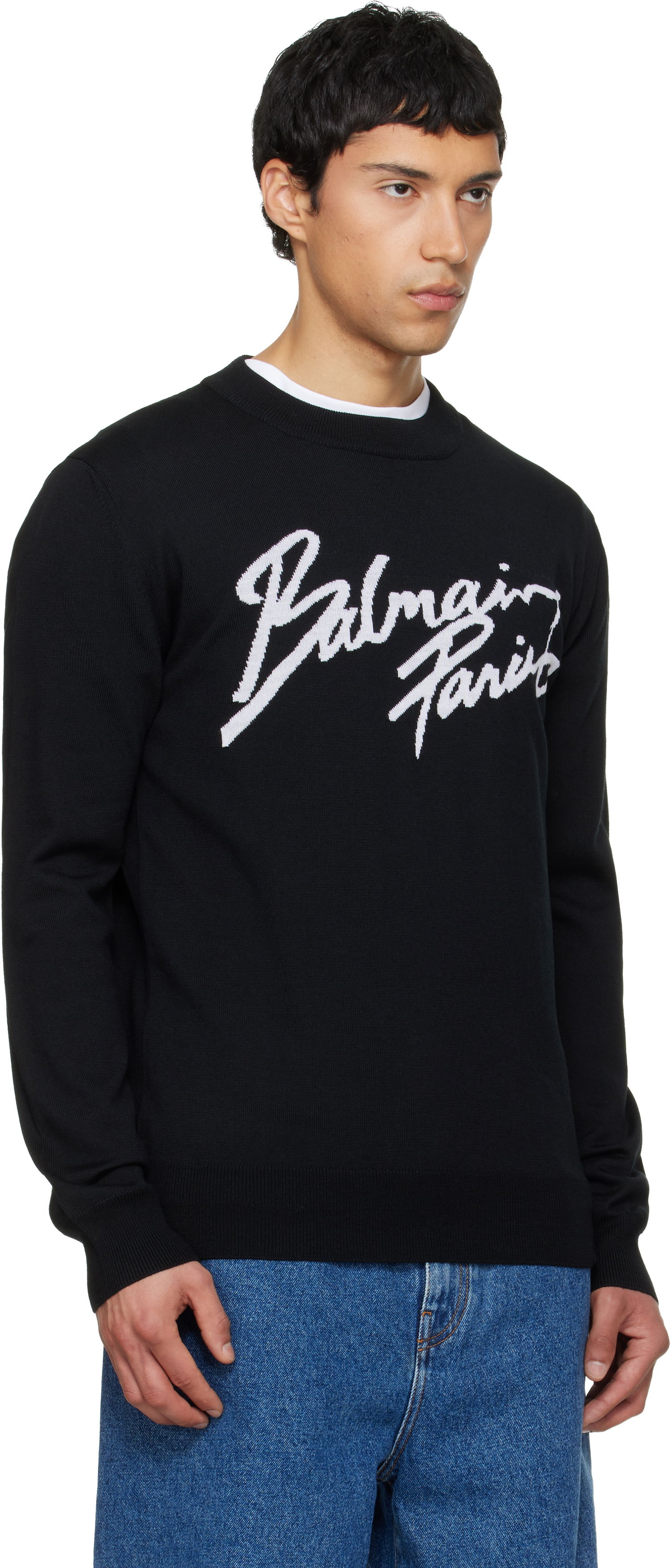 Пуловер Balmain Merino Wool Crewneck Sweater with Cursive Paris Logo Черно | GH1KD000KJ61, 1