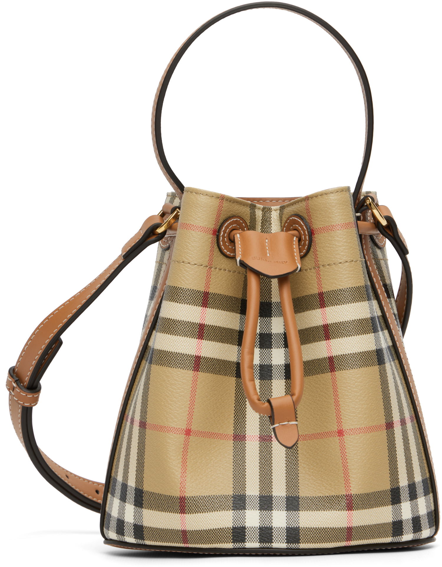 Дамска чанта Burberry Burberry Vintage Check & Leather Drawstring Bucket Bag Бежово | 8109794, 0