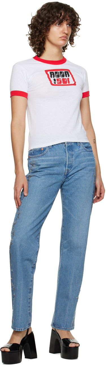 Дънки Anna Sui Exclusive Embroidered Straight Leg Jeans Синьо | 0123F40, 3