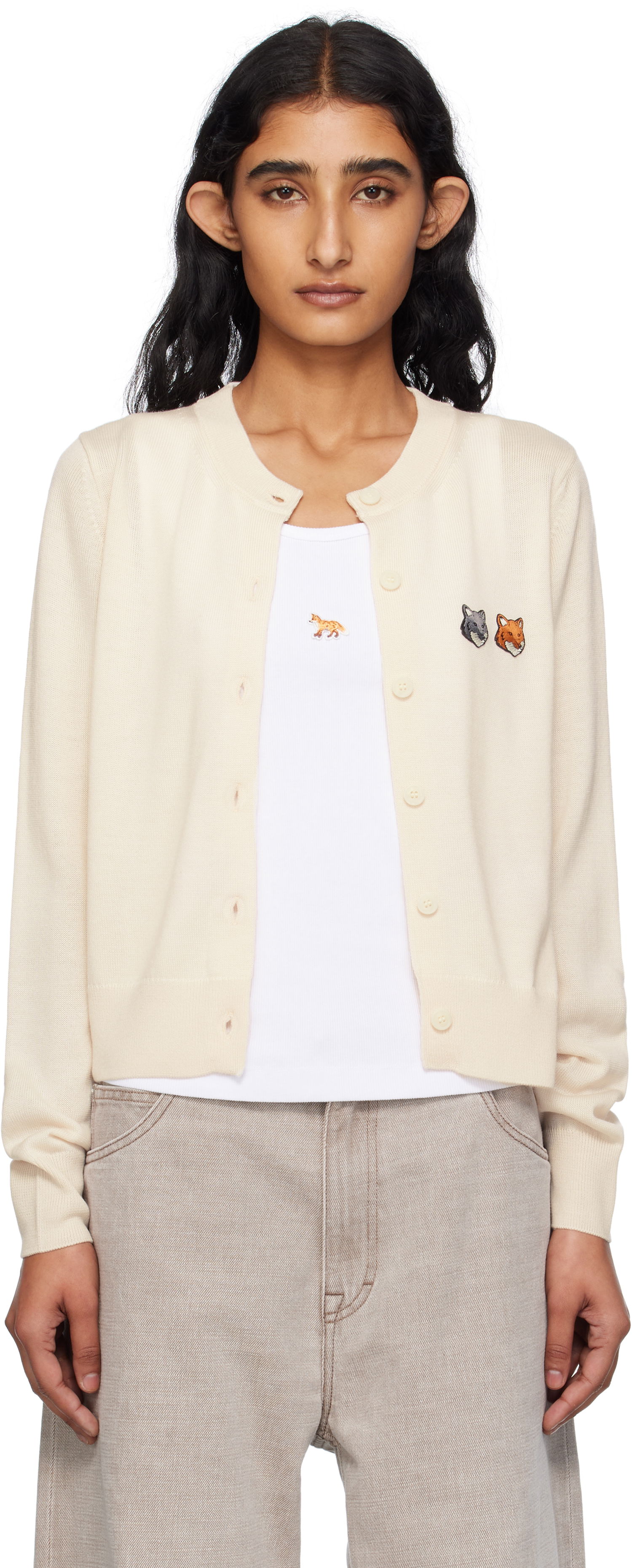 Пуловер MAISON KITSUNÉ Maison Kitsuné Double Fox Head Patch Cardigan Бежово | OW051CFKT1036, 0