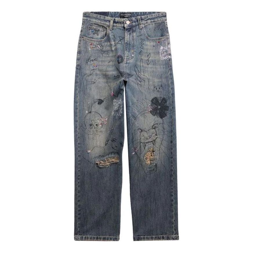 Дънки Balenciaga Balenciaga Doodle-Print Straight Denim Pants Синьо | 746986TOW664036, 0