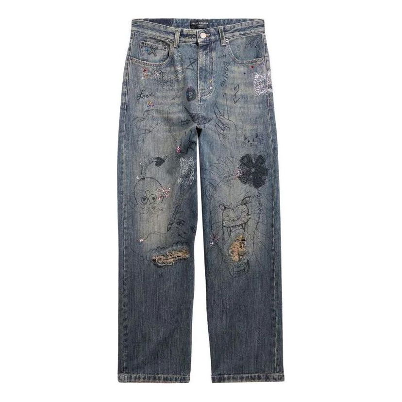 Дънки Balenciaga Balenciaga Doodle-Print Straight Denim Pants Синьо | 746986TOW664036