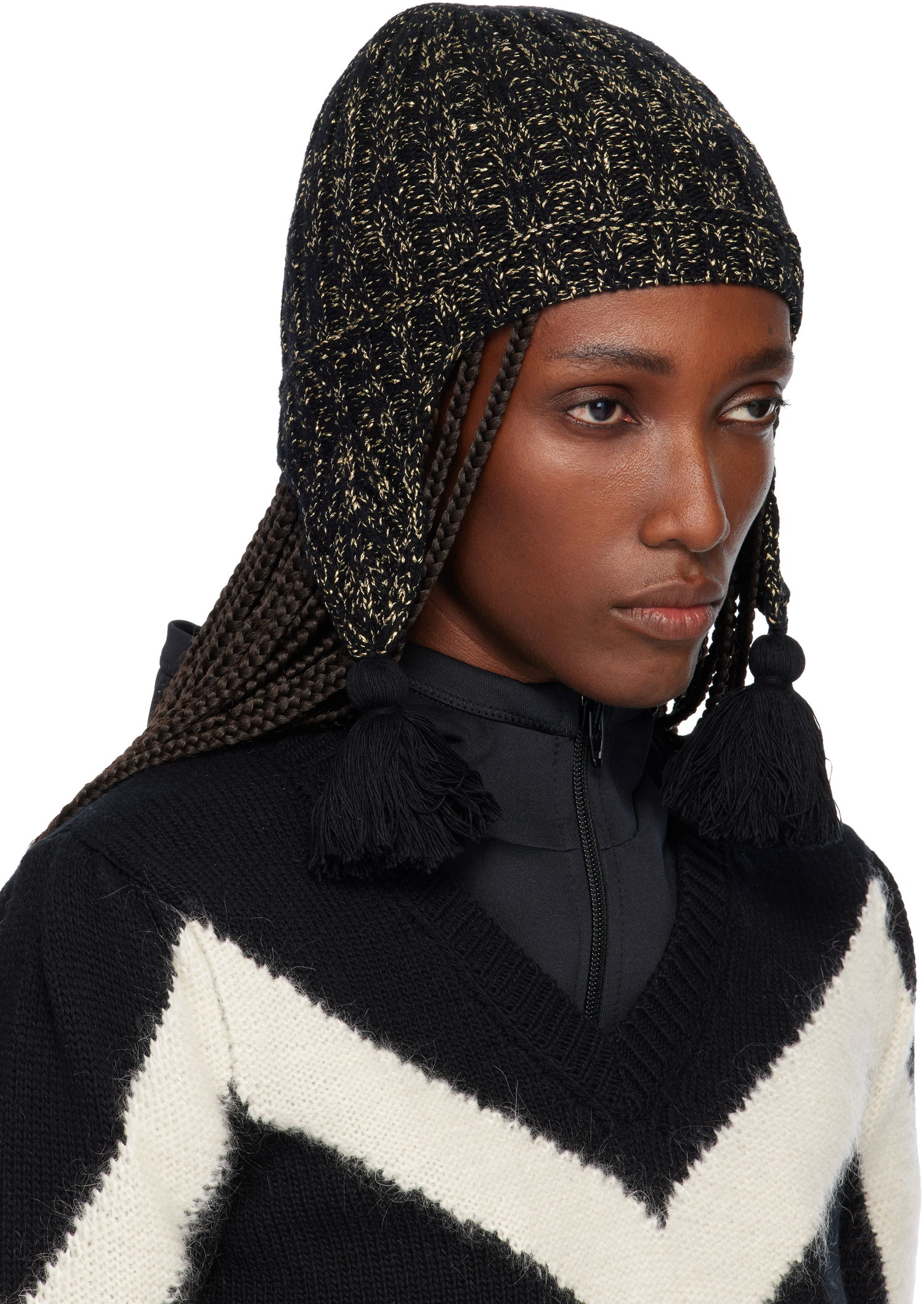 Шапка Valentino Valentino Garavani Metallic Knit Beanie with Ear Flaps and Tassels Черно | 7W2HB02FKAW, 1