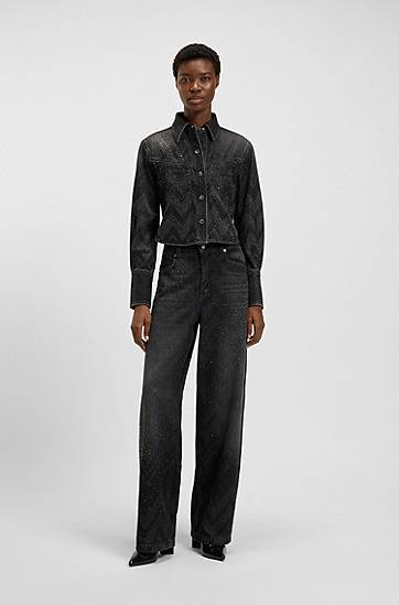 Яке BOSS Cropped regular-fit crystal-embellished chevron denim jacket Черно | 50548445, 1