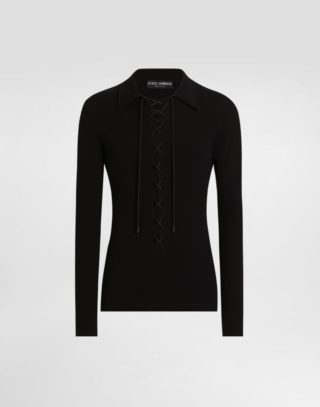 Dolce & Gabbana Long-Sleeved Interlock Jersey Polo Shirt with Laces