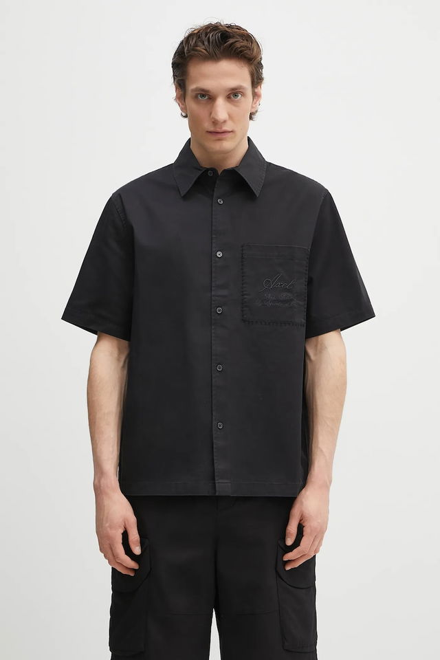 Stitch Embroidered Relaxed Fit Short-Sleeve Shirt with Classic Collar