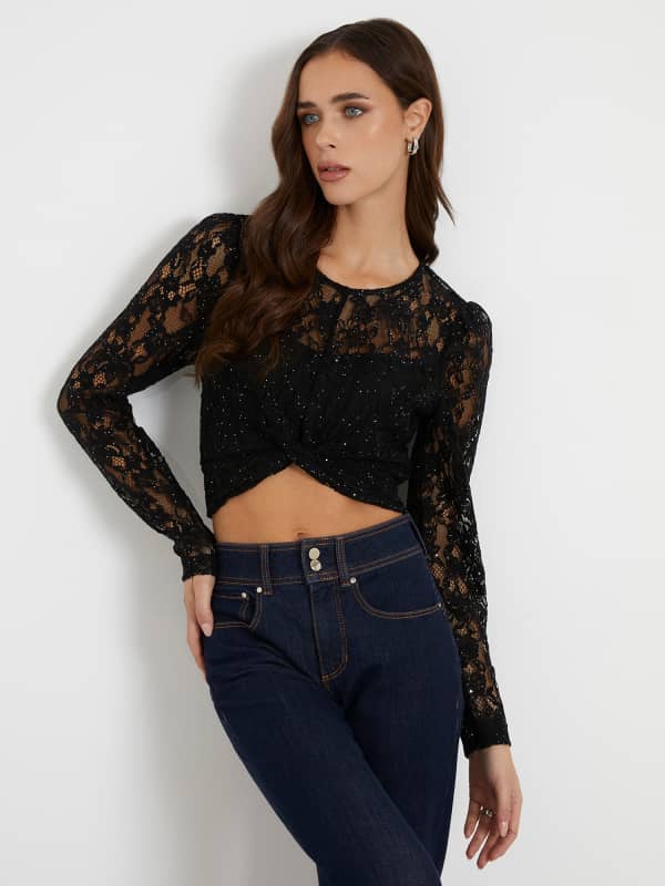 Съкратен топ GUESS Lace Crop Top Черно | W4RH40WFQB0, 0