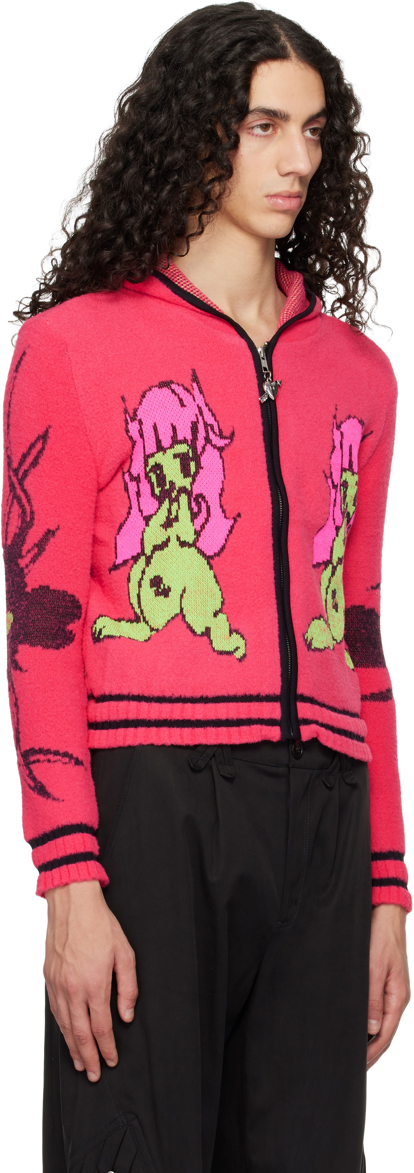 Суитчър Chopova Lowena Full-Zip Graphic Knit Hoodie with Striped Trim 'My Name Is Tiny' Розово | 5255, 1