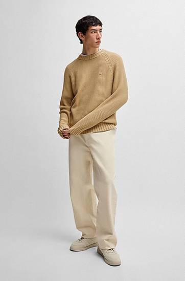 Пуловер BOSS HUGO Ribbed Cotton Sweater with Logo Badge Бежово | 50518744, 1