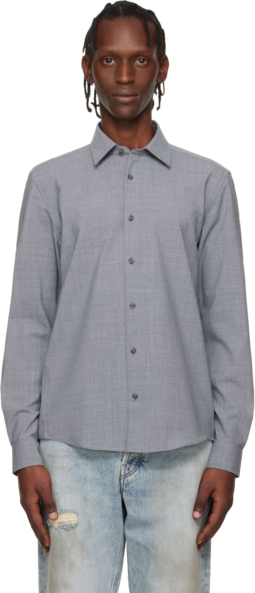 Риза BOSS Virgin Wool Long Sleeve Button-Up Shirt Сиво | 50556813