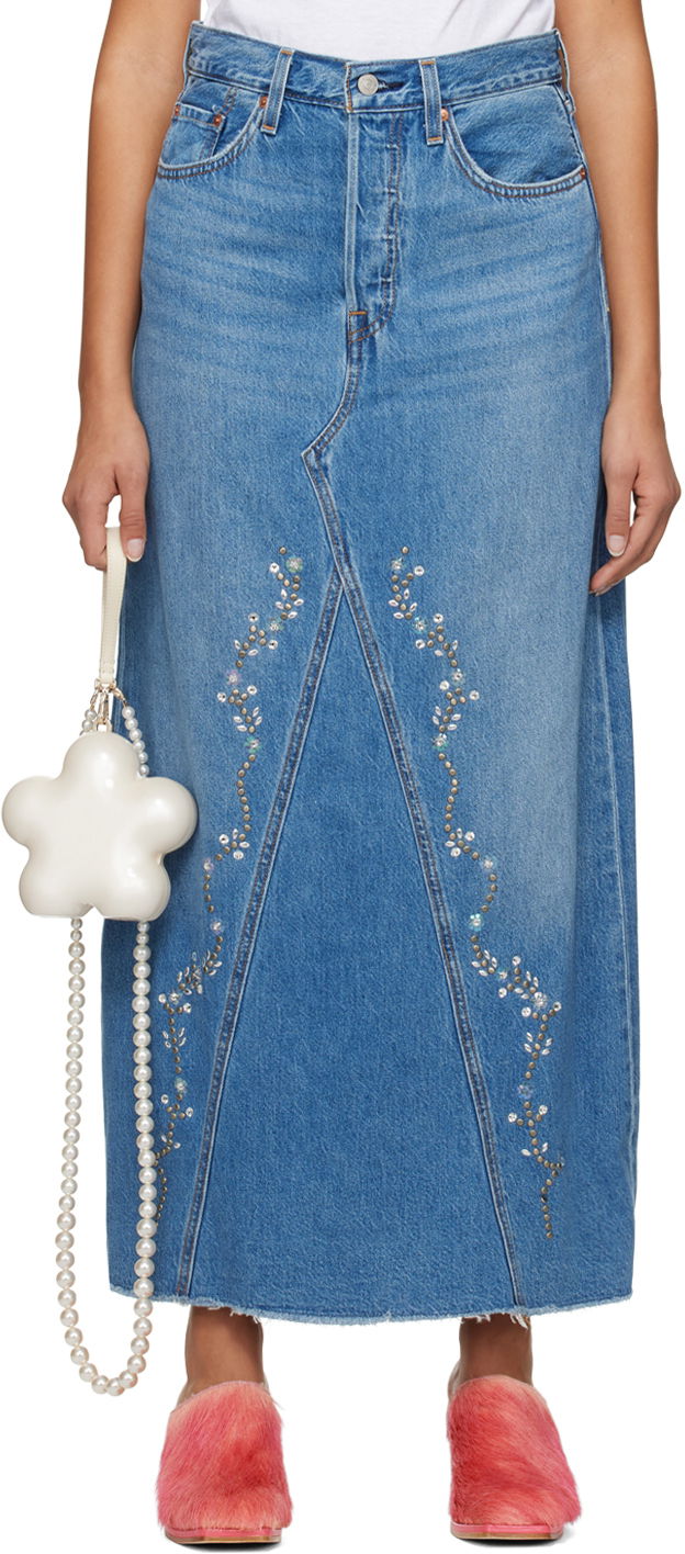 Пола Anna Sui Embroidered Denim Midi Skirt Синьо | 0123F10