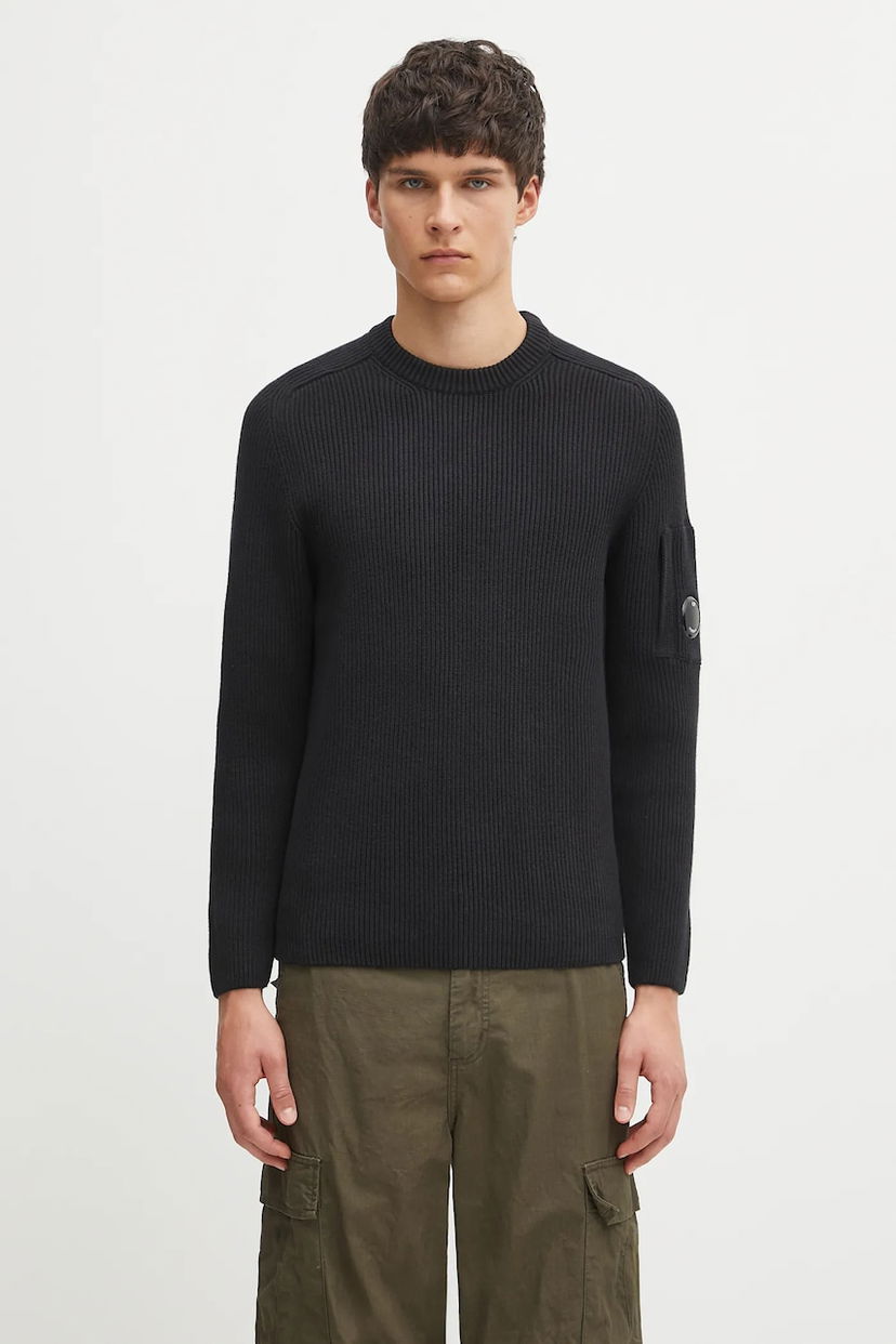 Пуловер C.P. Company C.P. Company Ribbed Knit Sweater with Lens Detail Черно | 19CMKN015A006608A