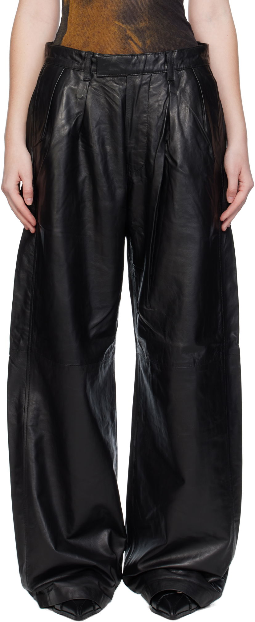 Панталони R13 R13 Pleated Wide Leg Leather Pants Черно | R13WR440-R426A