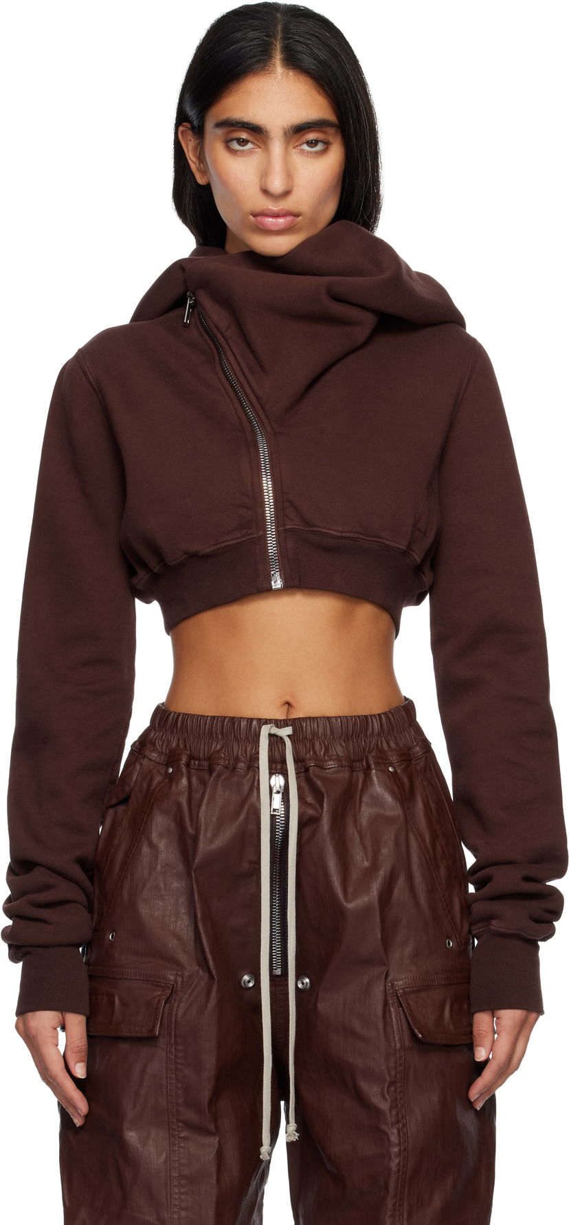 Суитчър Rick Owens Concordians Micro Mountain Cropped Asymmetric Zip Hoodie Кафяво | DS02E7237 F