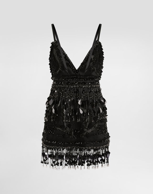 Dolce & Gabbana Embroidered Satin Mini Dress with Beaded Fringe