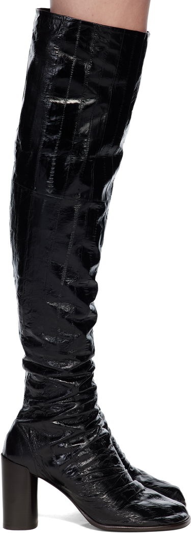 Кецове и обувки LEMAIRE Glove 80 Crinkled Patent Over-the-Knee Block Heel Boots Черно | FO0215 LL0156, 0