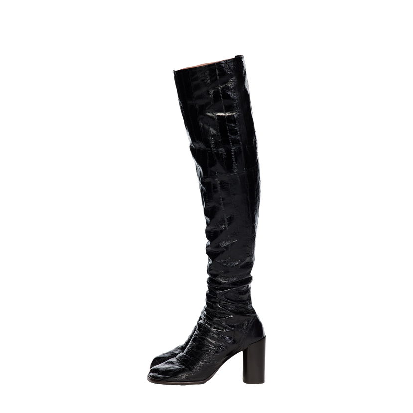 Кецове и обувки LEMAIRE Glove 80 Crinkled Patent Over-the-Knee Block Heel Boots Черно | FO0215 LL0156