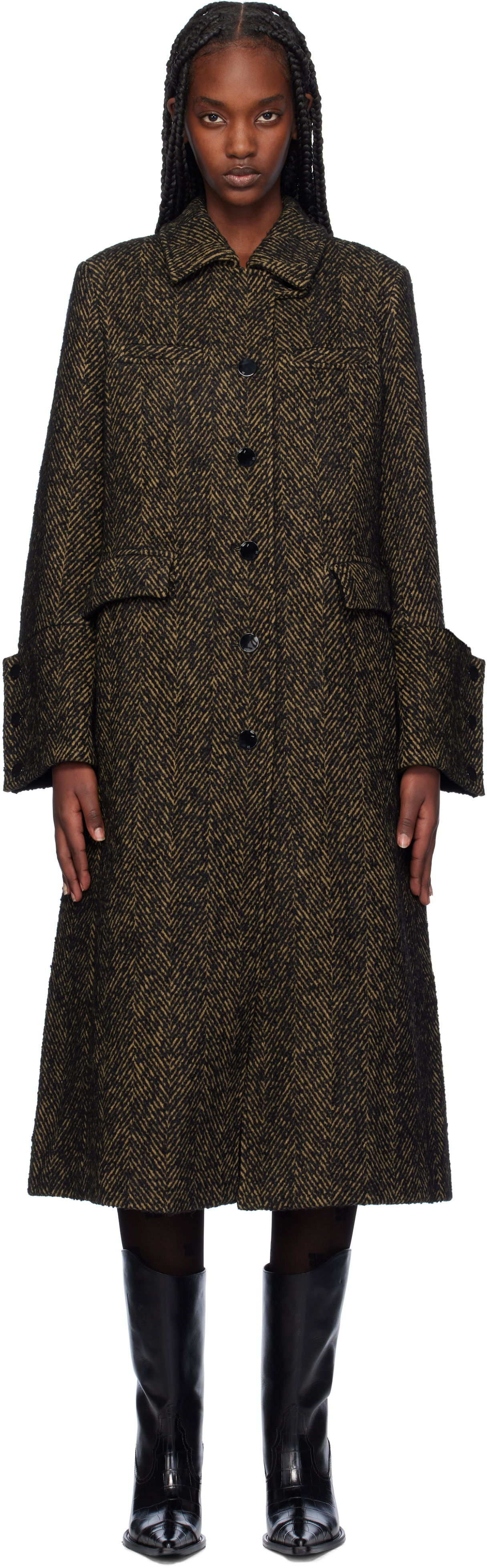 Палта GANNI Herringbone Wool Long Coat Кафяво | F9547, 0