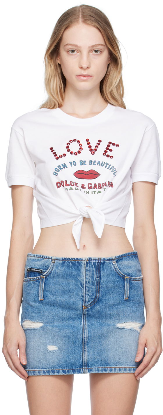 Съкратен топ Dolce & Gabbana White Cropped T-Shirt Бяло | F8R48Z GDBT2, 0