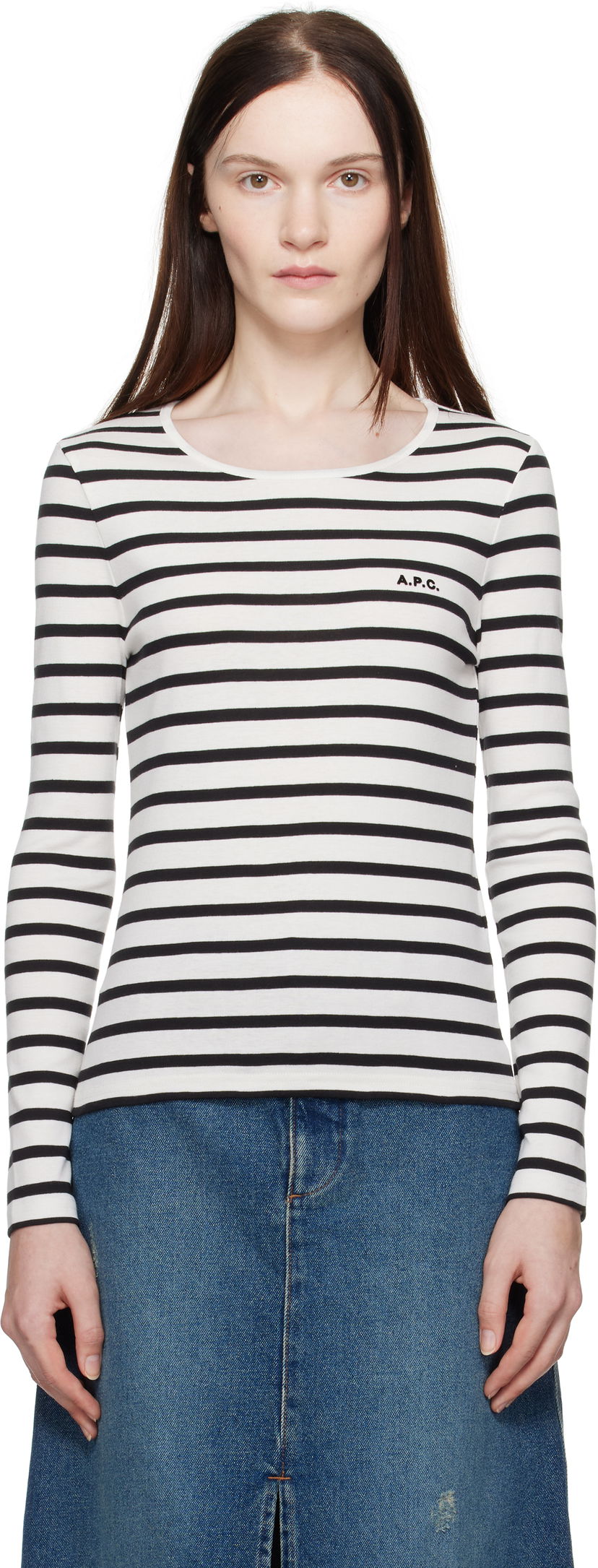 Тениска A.P.C. Striped Long Sleeve T-Shirt Бяло | COHCA-F26373