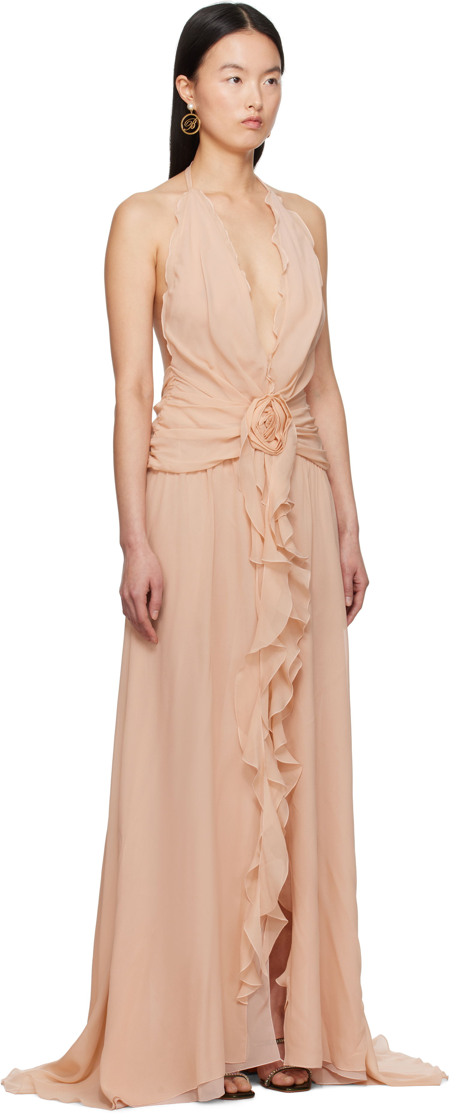 Pокля Blumarine Blumarine Georgette Maxi Dress with Ruffle Detail Бежово | P522A568A, 1