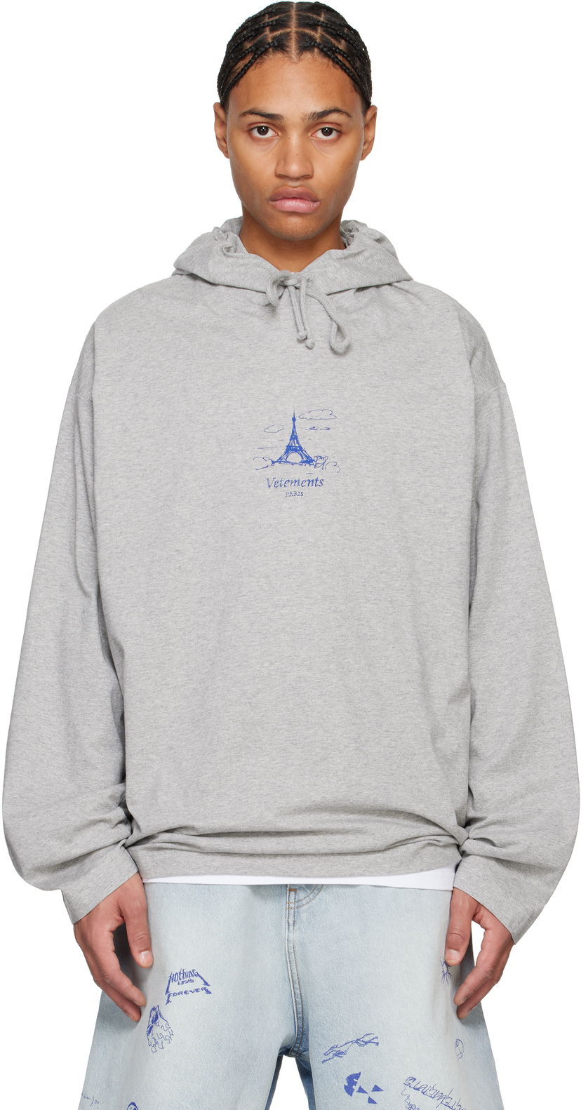 Суитчър VETEMENTS Scribbled Paris Print Jersey Hoodie Сиво | UA66HD870G