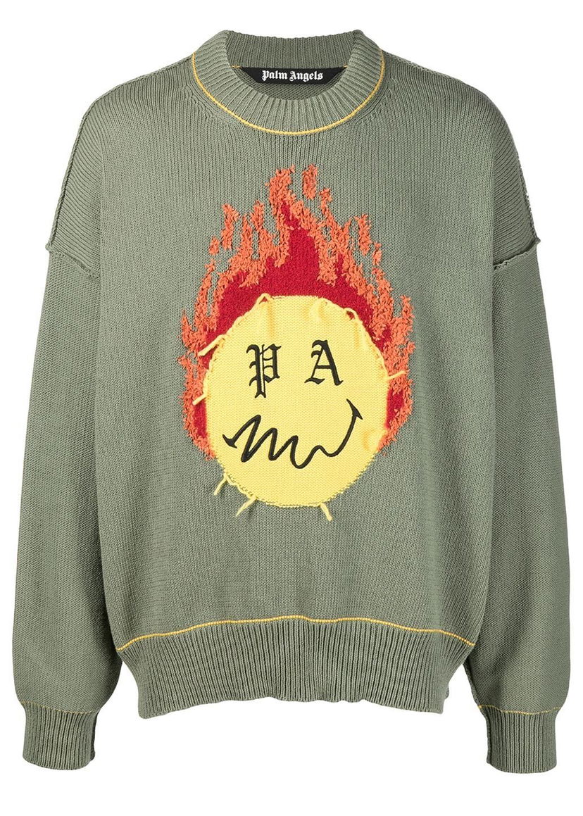 Суитчър Palm Angels Smiley Intarsia Burning Head Knitted Crewneck Green Yellow Зелено | PMHE007R21KNI0015618