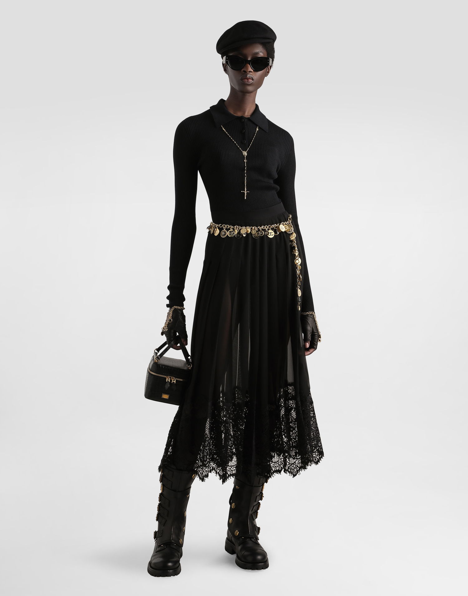 Пола Dolce & Gabbana Dolce & Gabbana Pleated Chiffon Midi Skirt with Lace Trim Черно | F4C6ATFUSNWN0000, 1