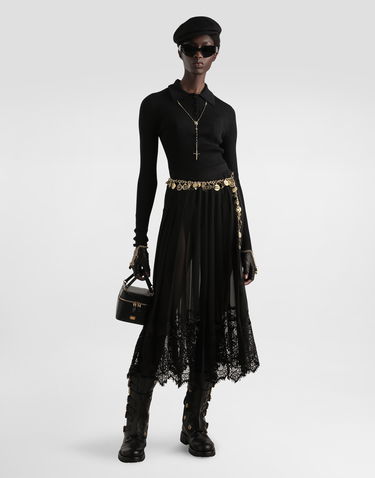 Пола Dolce & Gabbana Dolce & Gabbana Pleated Chiffon Midi Skirt with Lace Trim Черно | F4C6ATFUSNWN0000, 1