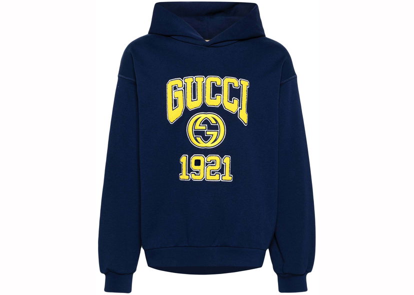 Суитчър Gucci Embroidery Logo Hoodie Navy Blue Тъмно синьо | 770842 XJF3O