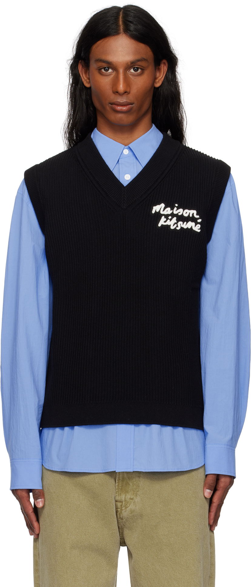 Пуловер MAISON KITSUNÉ Maison Kitsuné Handwriting Ribbed Vest Черно | OM00810KT1126