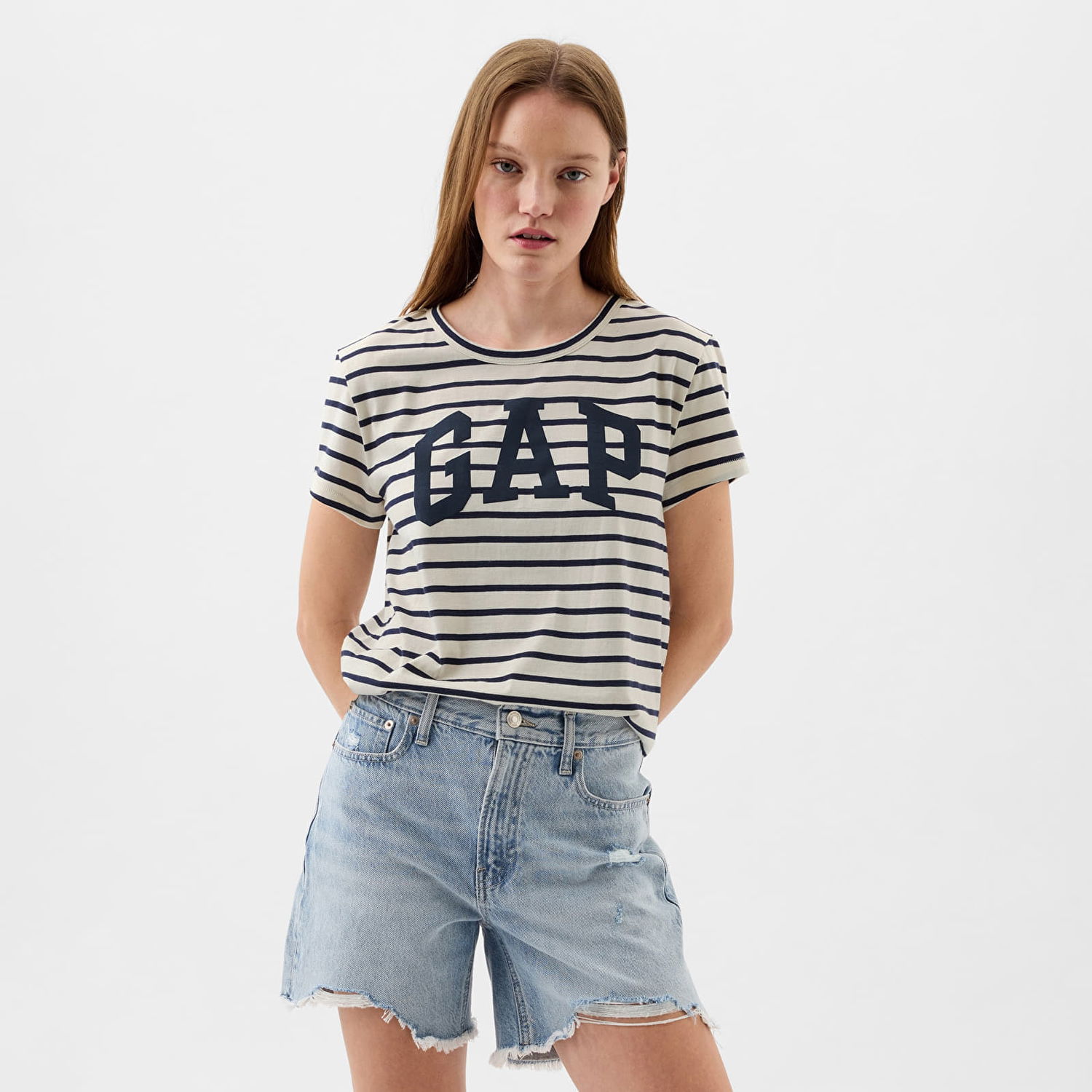 Тениска GAP Logo Slub Tee White Black Stripe Сиво | 871061-00, 0