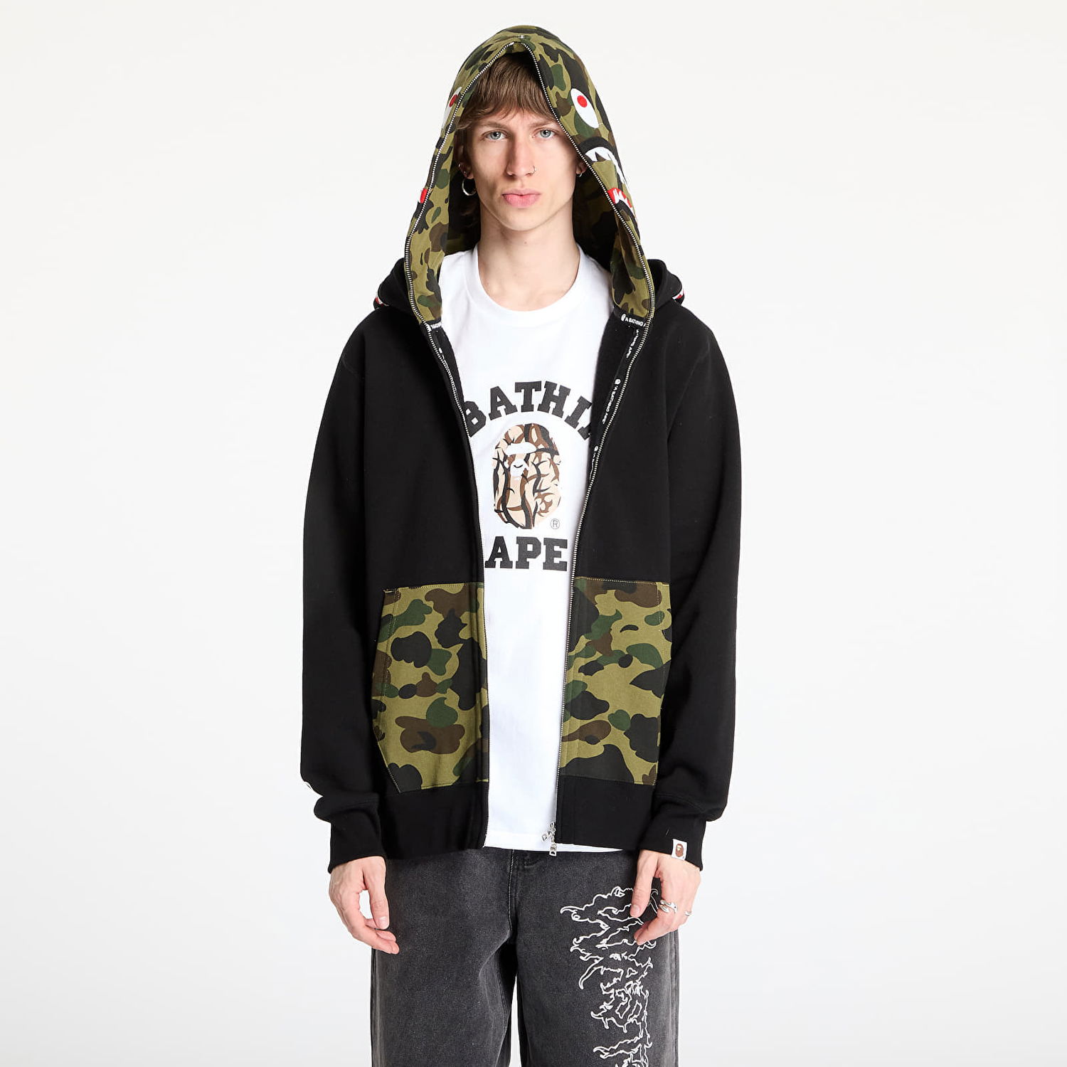 Суитчър BAPE A BATHING APE 1st Camo Shark Full Zip Double Hoodie Черно | 001ZPL301007MBLK, 0