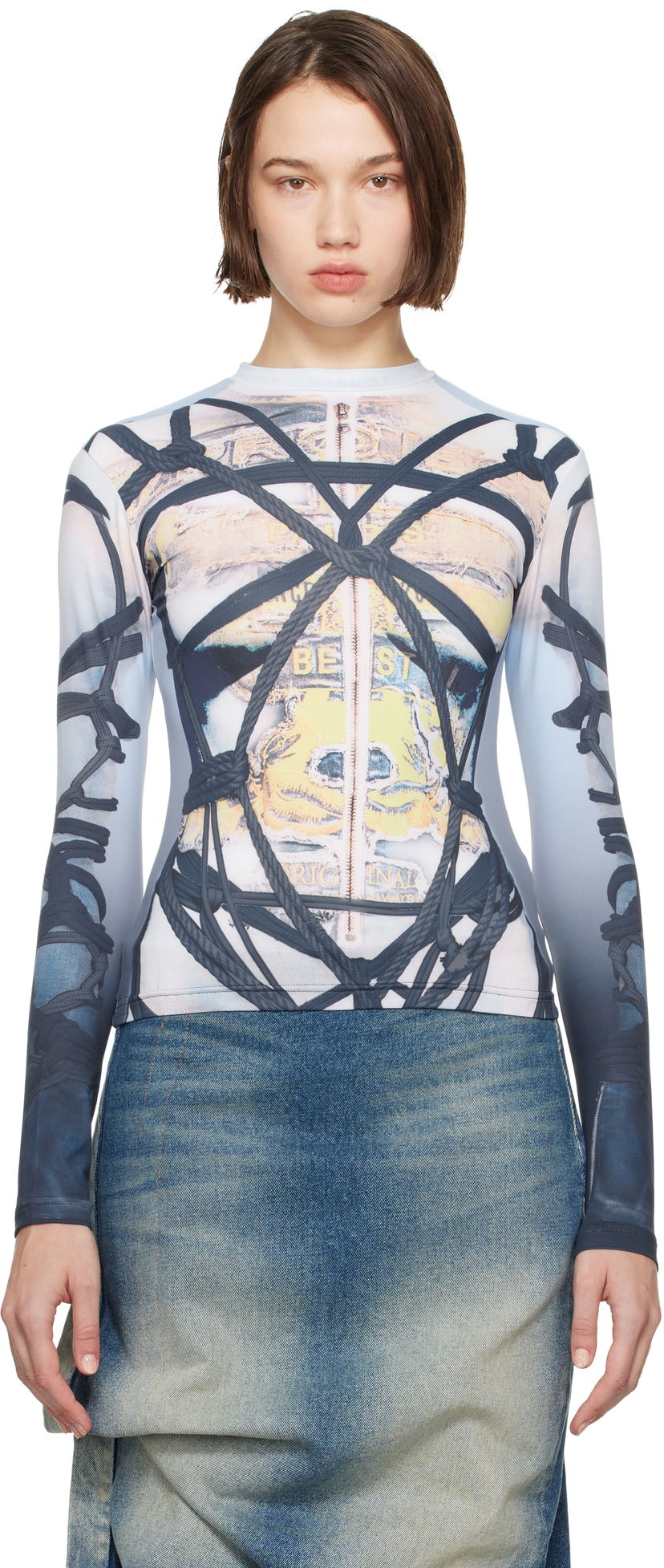 Тениска Y/PROJECT Bondage Print Long Sleeve Fitted T-shirt Синьо | 104TO012