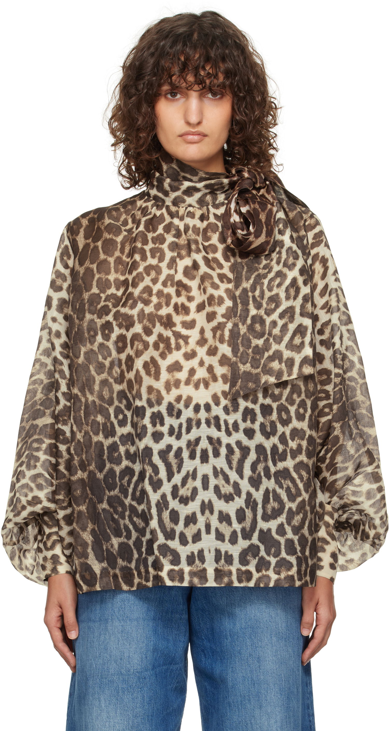 Риза ZIMMERMANN Zimmermann Illustration Billow Leopard-Print Silk Blouse Кафяво | 1395TF241, 0