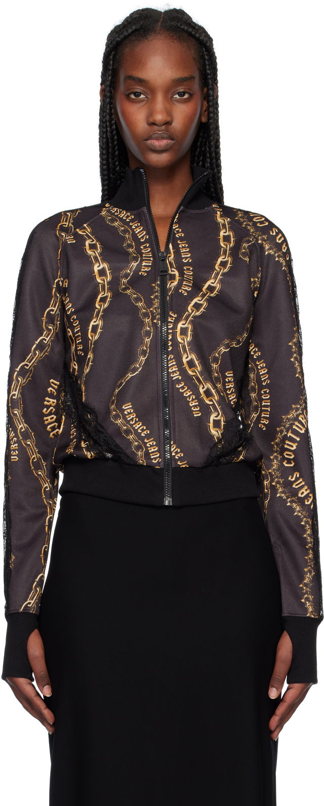 Black & Gold Chain Couture Lace Zip Sweatshirt