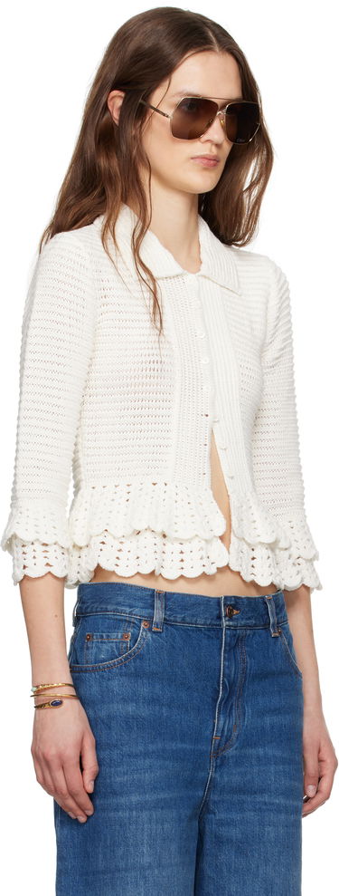 Пуловер CHLOÉ Chloé Fitted Ruffled Cropped Cardigan Бяло | CH25UMP05545, 1