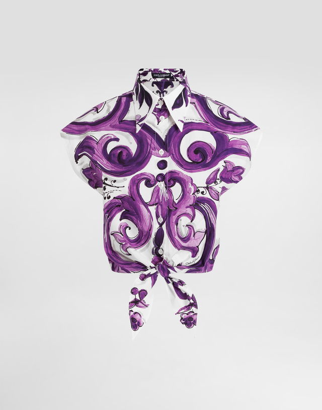 Dolce & Gabbana Majolica-Print Tie-Front Poplin Crop Top