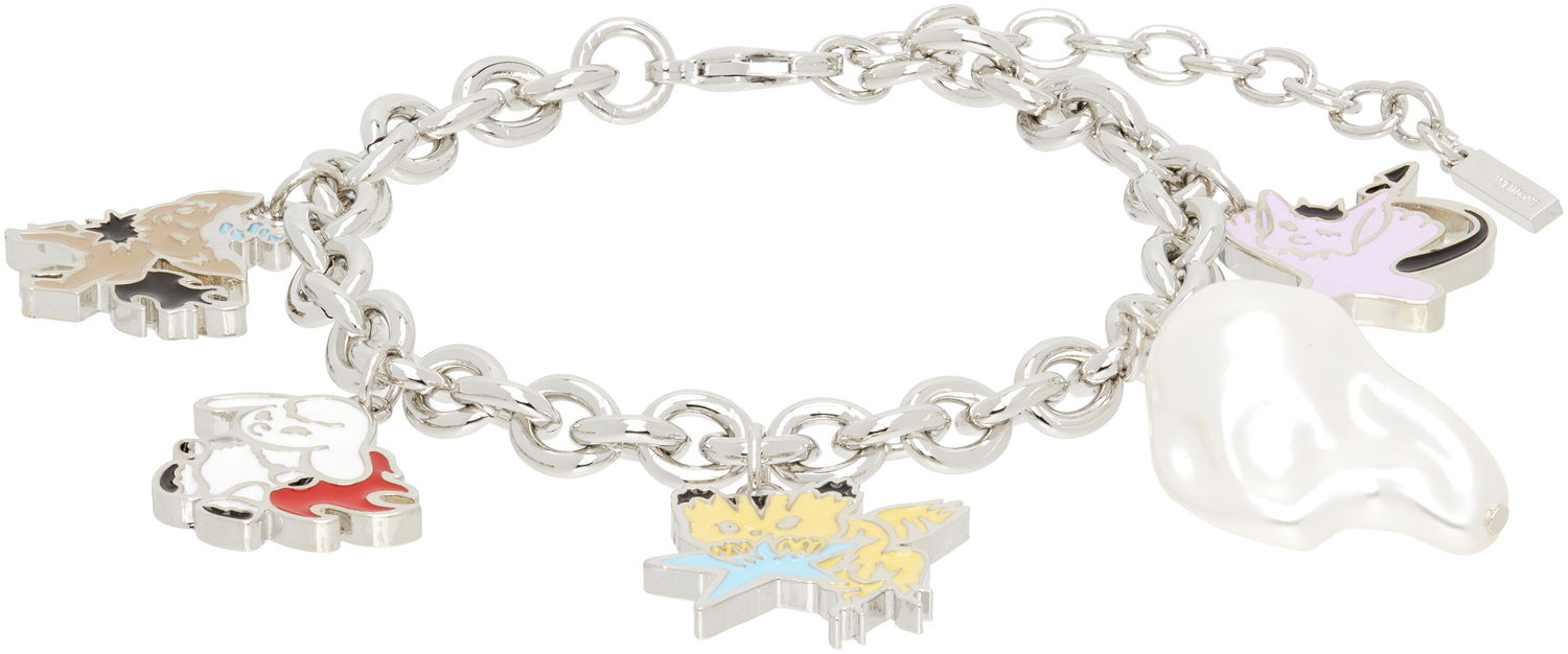Гривна We11done We11done Silver-Tone Metal Monster Charms Bracelet with Faux Pearl Металик | WD-AJ2-25-525-U-SV, 0