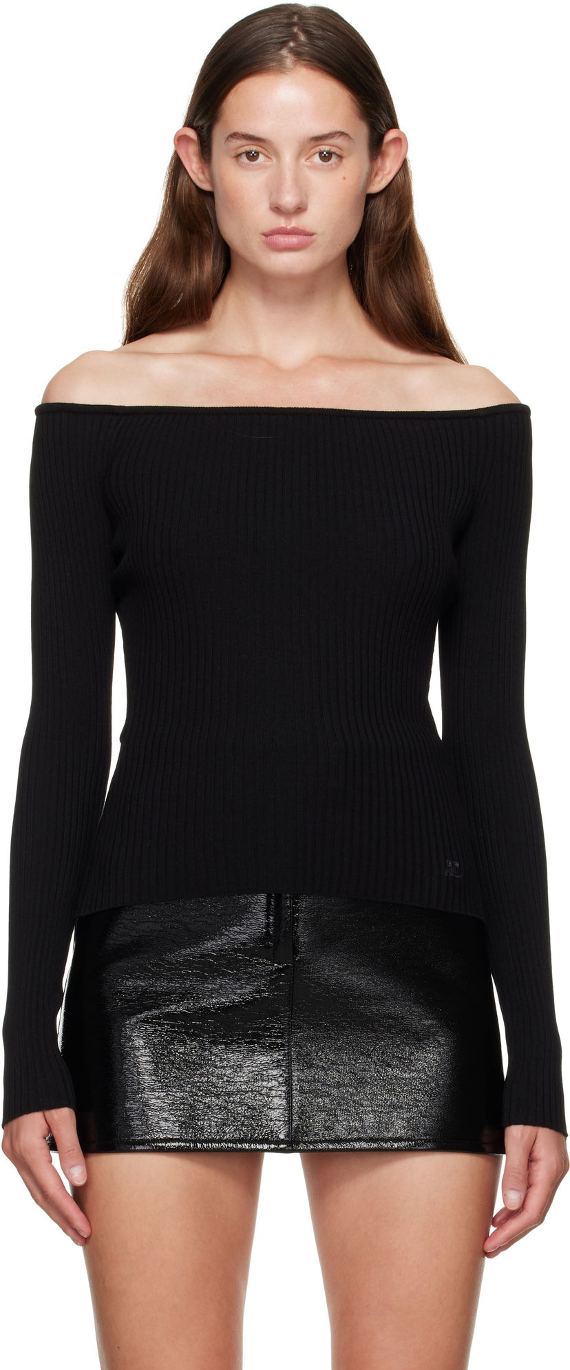 Пуловер Courrèges Courrèges Off Shoulder Rib Knit Top Черно | 325MTO429FI0001