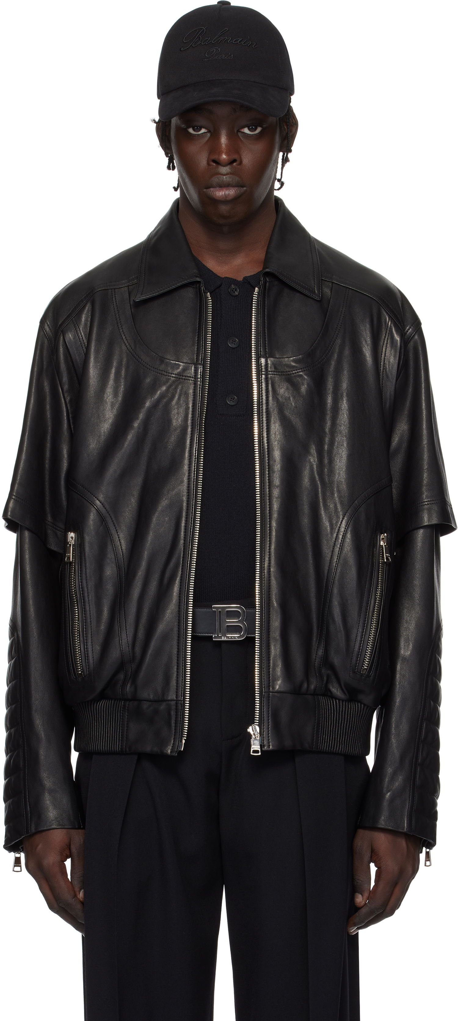 Яке бомбър Balmain Balmain Layered Leather Jacket Черно | EH1TF936LC62, 0
