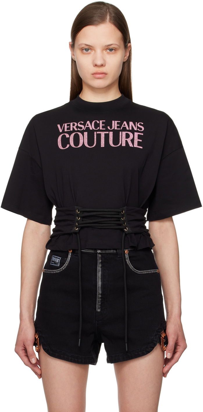 Тениска Versace Couture Black Lace-Up T-Shirt Черно | E76HAHG04_ECJ00G