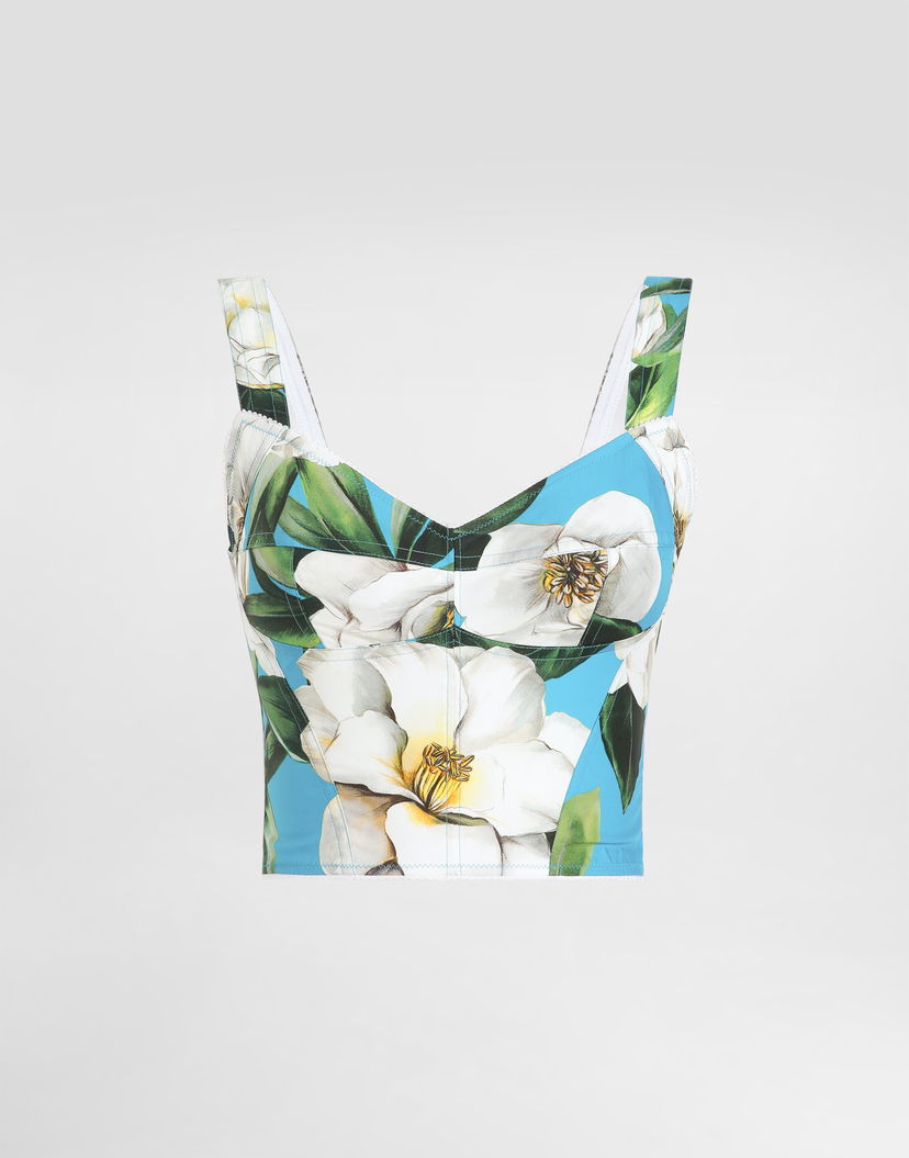 Съкратен топ Dolce & Gabbana Dolce & Gabbana Gardenia Print Cotton Corset Top Синьо | F7W98THS5TJHC5JB